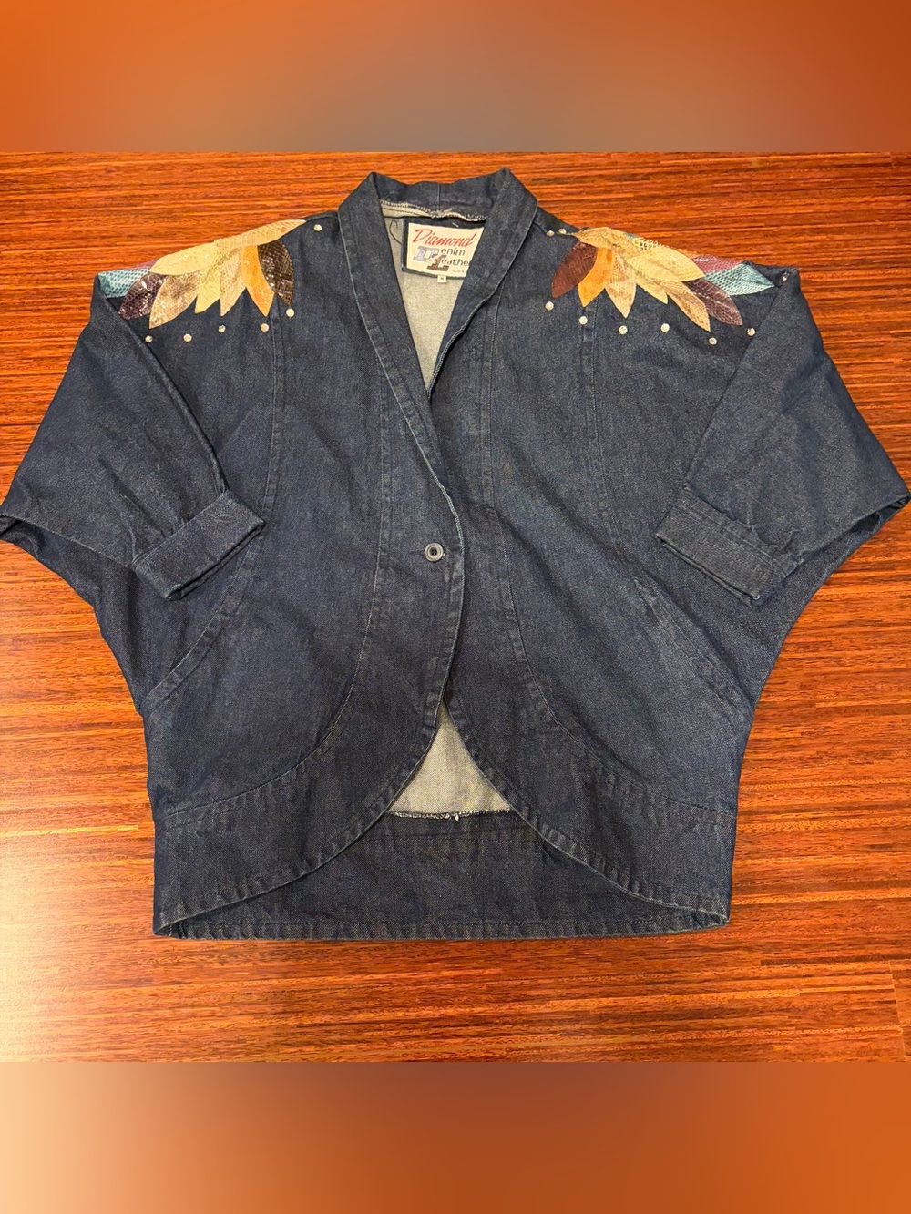 Vtg 80s Diamond Denim & Leather Embellished Jacket Women’s M Western Boho Rare